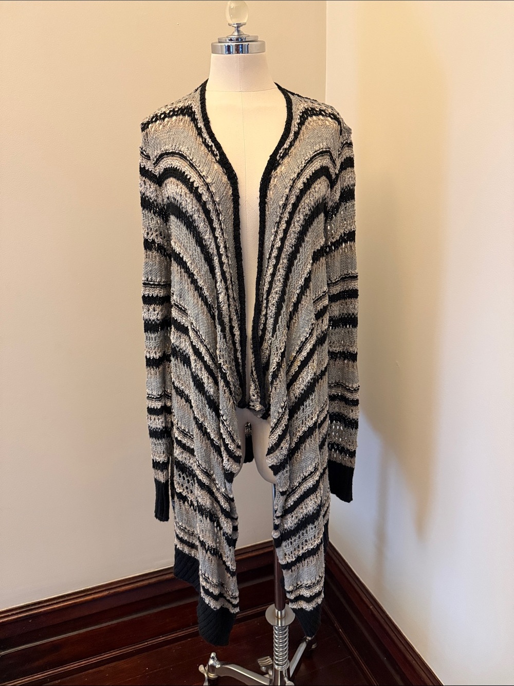 American Eagle Outfitters Black and Gray Striped Open-Front Cardigan
